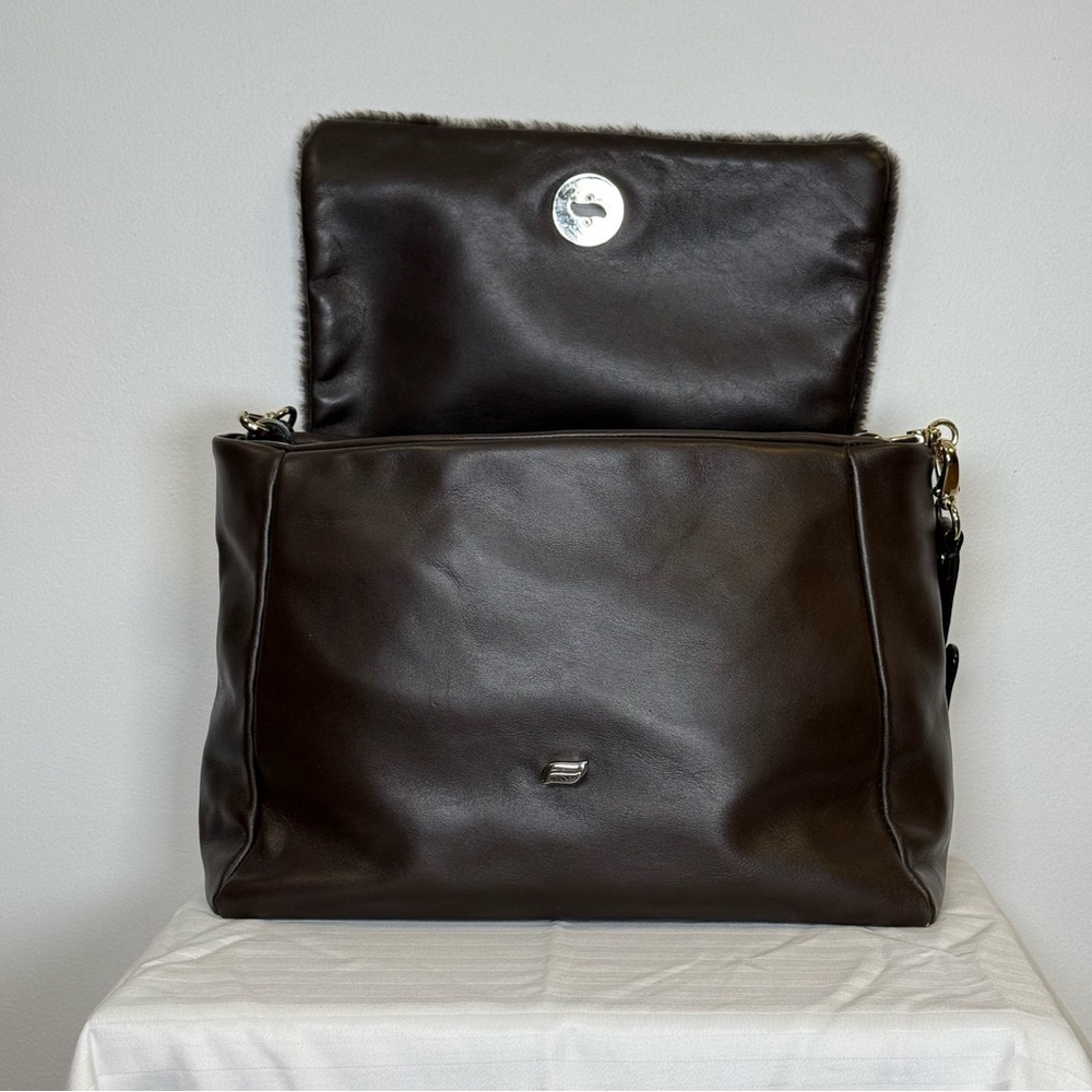 Varriale Italian Dark Brown Leather And Shearling Messenger Bag Adjustable Strap - Picture 7 of 16
